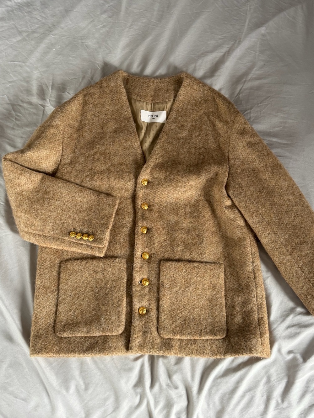 Celine Camel Wool-Blend Button Front Cardigan with Gold Buttons